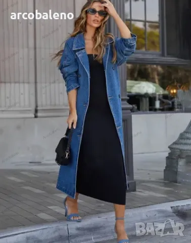 Дамско дънково памучно едноцветно свободно манто с дълги ръкави, копчета и двойни джобове, 2цвята , снимка 8 - Палта, манта - 47634038