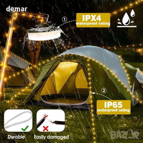 LED къмпинг гирлянди 10 м, 3 в 1, водоустойчиви, 8 режима, топло бяло, снимка 4 - Лед осветление - 53777720