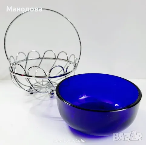 Винтидж купа за бонбони от синьо стъкло Bristol със посребрена поставка., снимка 3 - Аксесоари за кухня - 47975596