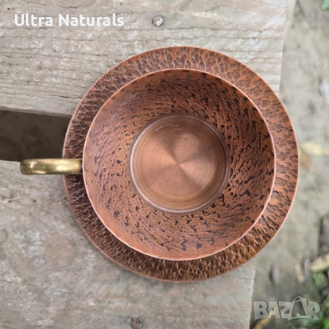 Медна чаша с чинийка употребявана, ръчно изработена, снимка 3 - Чаши - 53126449