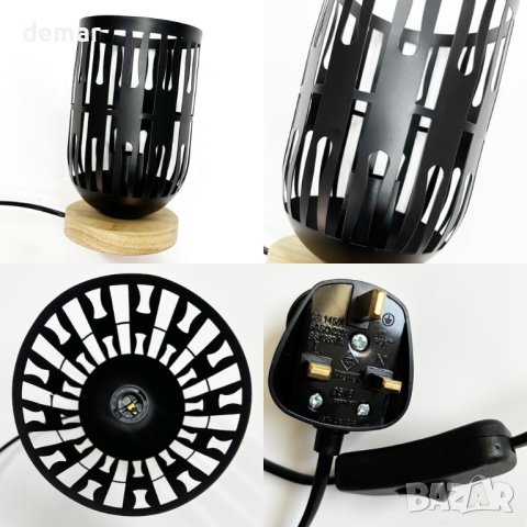HHMTAKA Метална LED нощна лампа с дървена основа, черна, 22 см, снимка 5 - Настолни лампи - 44185998
