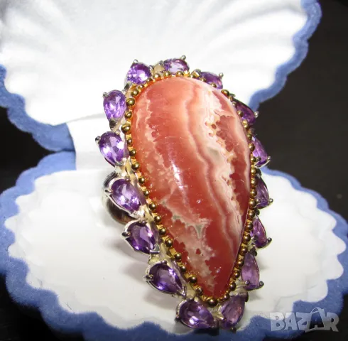 925 сребърен пръстен с родохрозит, камък 31x17мм, снимка 3 - Подаръци за жени - 49533144