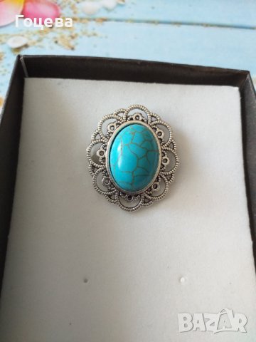 Разкошен пръстен с голям Тюркоаз и орнаментирана основа-регулиращ се за всеки размер , снимка 3 - Пръстени - 39663762