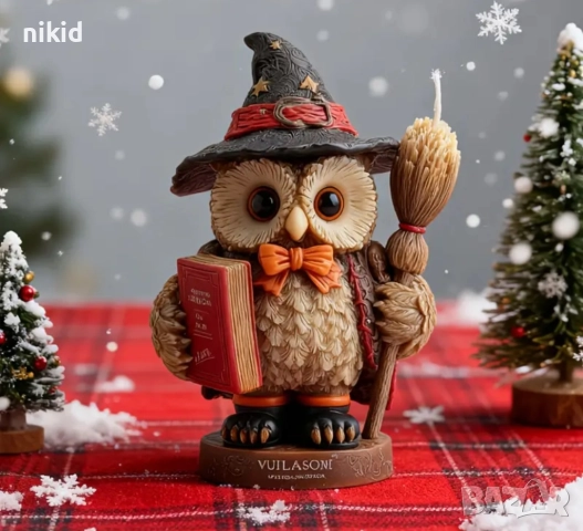 3D Бухал сова с книга и метла силиконов молд форма смола гипс шоколад декор, снимка 2 - Форми - 52667251