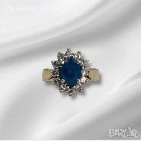 Златен пръстен с диаманти и сапфир 14к, снимка 2 - Пръстени - 53253877
