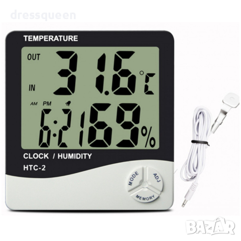 HTC-2 Термометър вътрешна и външна температура, Влагомер, Часовник, снимка 3 - Други стоки за дома - 44567309