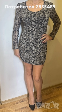Елегантна рокля с животински принт – дълъг ръкав, еластична материя, снимка 2 - Рокли - 52096609