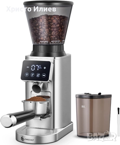 Електрическа кафемелачка с подвижен държач за портафилтър и контейнер AMZCHEF