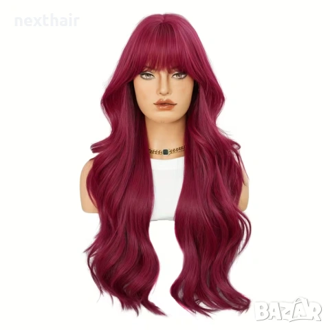 Вишнево червена чуплива перука с бретон, снимка 7 - Аксесоари за коса - 53803579