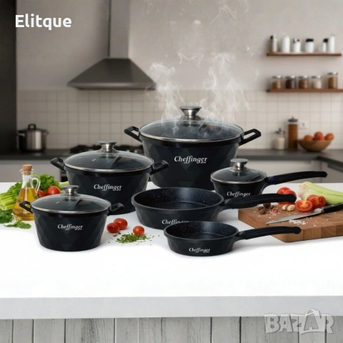 Премиум комплект съдове за готвене 12 части с мраморно покритие Cheffinger, снимка 3 - Съдове за готвене - 53122518