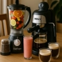 Комплект от еспресо машина + 2 стъклени чаши и блендер с мелничка , снимка 2