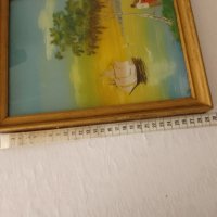 красива картина пейзаж рисувана от вътрешната страна на стъклото със дървена винтидж рамка , снимка 7 - Антикварни и старинни предмети - 44398853