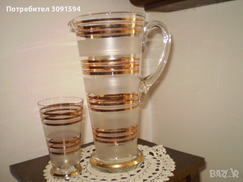 Старинен сервиз за вино кана с 5 чаши широк златен кант, снимка 1