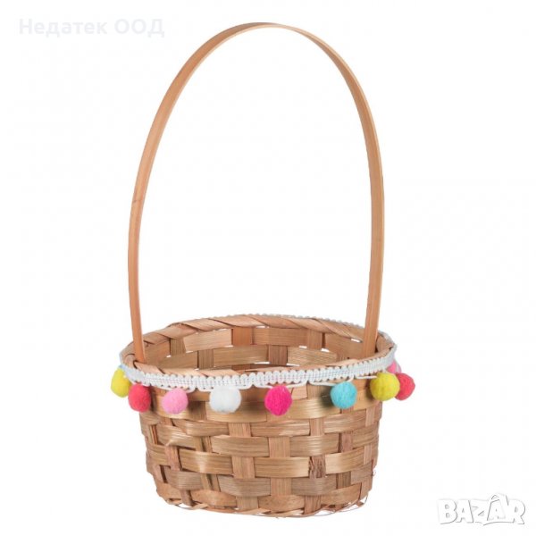 Великденска декорация, Плетена кошница с цветни помпони,18x30 см, снимка 1