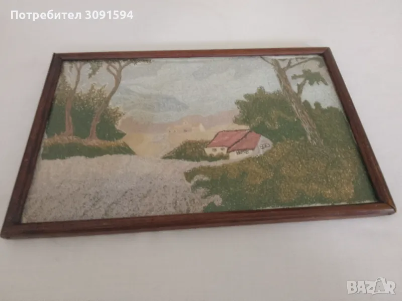 Стара картина ръчно шит пейзаж, снимка 1