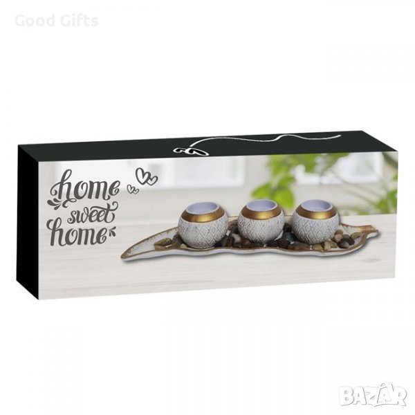 Дървен лист с 3 броя поставки за чаени свещи и камъчета, снимка 1