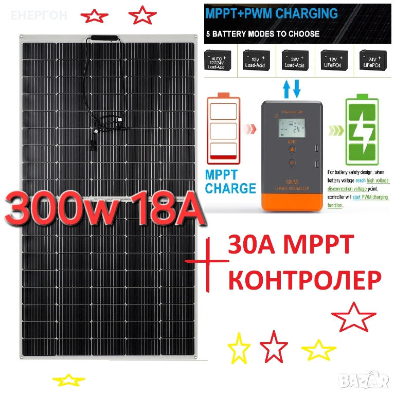 300w Специален за 12v Гъвкав соларен панел 18А+ 30А MPPT Контролер USB, снимка 1