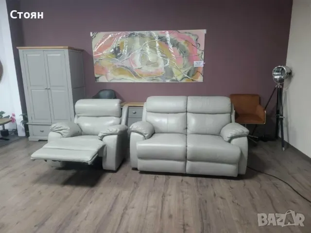 Сив кожен комплект двойка и фотьойл "Grayson", снимка 2 - Дивани и мека мебел - 47710448