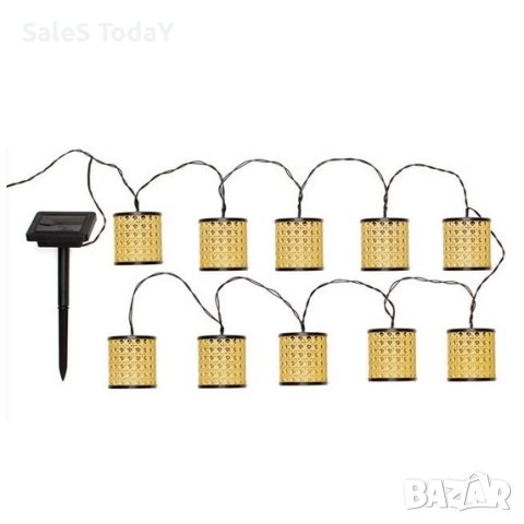 Градинско осветление, Соларен гирлянд с ратанови фенери, топла бяла светлина, 3,8 см - 10 бр.