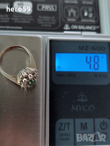 Дамски златен 14 к пръстен с брилянти и изумруд(диаманти), снимка 7 - Пръстени - 36055384