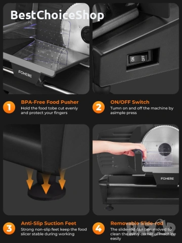 FOHERE 250W електрически резачка за колбаси, хляб, сирена и др., снимка 11 - Други - 53079409