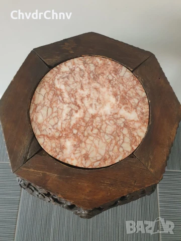 62см конзолна маса дърворезба-мрамор/дървена масичка-пиедестал-поставка за саксия, снимка 2 - Антикварни и старинни предмети - 51302142