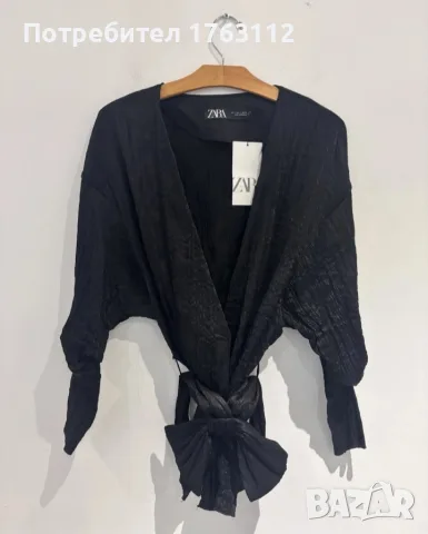Zara черна текстурирана блуза кимоно с връзка отпред, размер L, нова с етикети