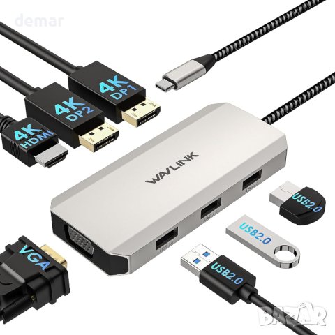 WAVLINK USB C Quad Display Hub, 7-в-1 докинг станция за лаптоп, снимка 1 - Кабели и адаптери - 44217823