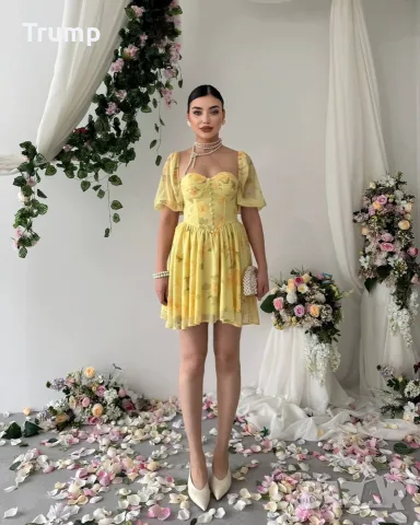 - 50 % Дамска кукленска шифонена рокля на цветя – жълта, снимка 4 - Рокли - 55774434