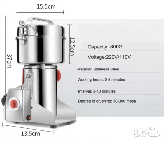 Индустриална Мелница Високомощна Мелачка Машина за Ултра Фино Смилане Голям Капацитет 800грама 3000W, снимка 17 - Други машини и части - 47422107