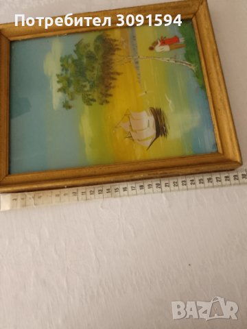 красива картина пейзаж рисувана от вътрешната страна на стъклото със дървена винтидж рамка , снимка 7 - Антикварни и старинни предмети - 44398853