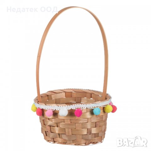 Великденска декорация, Плетена кошница с цветни помпони,18x30 см, снимка 1 - Декорация за дома - 40079603