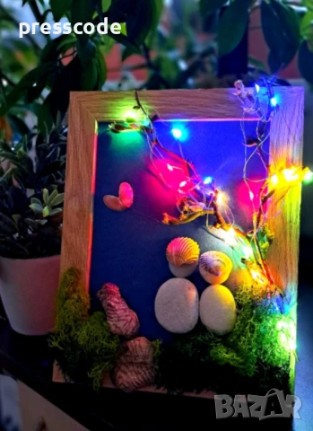 Светеща картина с камъни, миди и скандинавски мъх , снимка 4 - Картини - 50628277