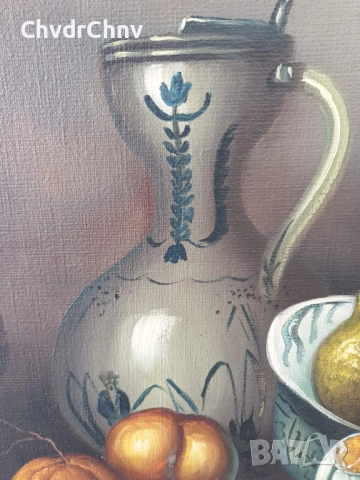 Rens 100х80см/стара голяма картина масло върху платно/натюрморт/маса-съдове-плодове/дървена рамка, снимка 6 - Картини - 51846103