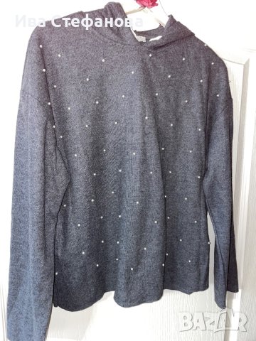 Стилен класически сив мек тънък пуловер тип суичър с качулка блуза Zara zara бели перли , снимка 7 - Суичъри - 42655636