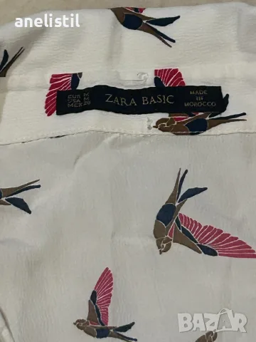 Дамска риза ZARA Basic с птици – размер M, ефектни маншети, снимка 2 - Ризи - 55871858