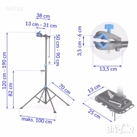 Работен стенд за сервизиране на велосипед MARTAR, 107-188см, До 35кг., снимка 6 - Аксесоари за велосипеди - 50406280