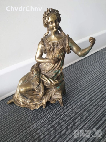 24см-3кг музикантка на пейка статуетка/стара френска бронзова фигура-надстройка за каминен часовник