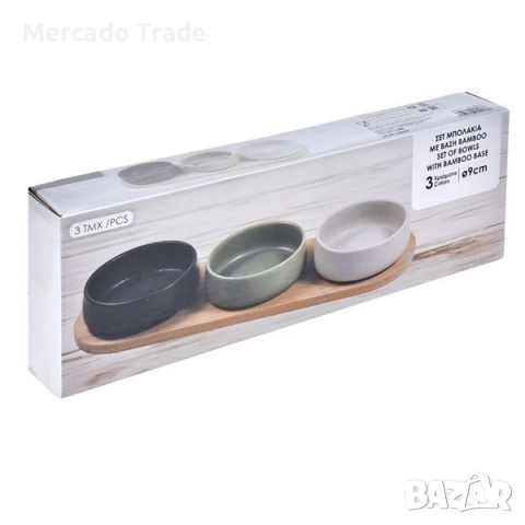 Комплект 3 цветни керамични купички Mercado Trade, Бамбукова поставка, снимка 3 - Прибори за хранене, готвене и сервиране - 52842810