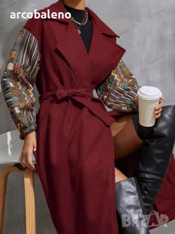 Дамско палто с дълга яка, пачуърк ръкави и връзка на талията отпред, 2цвята - 023, снимка 4 - Палта, манта - 38987028