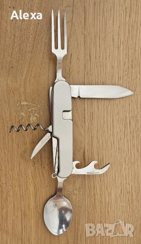 Къмпинг прибор 6 в 1 комбиниращ вилица лъжица отварачка ножче тирбушон шило