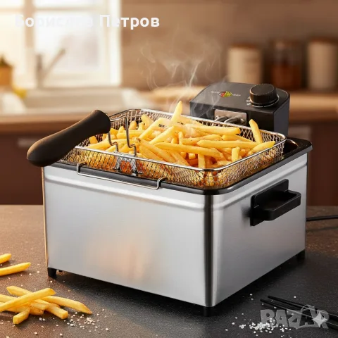 Фритюрник Cheffinger CF-EDP5.0 – 5L, 2000W, неръждаема стомана, 3 кошници, регулируема температура