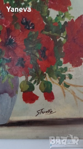 Стара картина „Пролетен букет“,  изобразяваща богат и жизнен цветен букет. , снимка 4 - Картини - 53728056