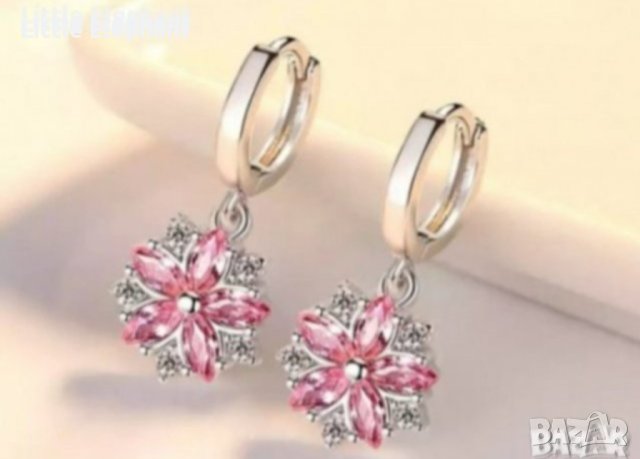Сребърни висящи обеци,колекция"Flowers" цветя с кристали,pink