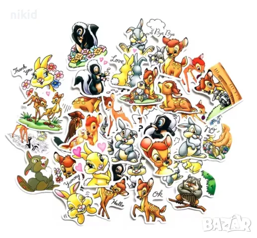 34 бр Бамби самозалепващи лепенки стикери за украса декор картонена торта ръчна изработка подарък, снимка 4 - Други - 49937409