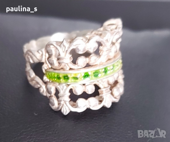 Винтидж / Стар семеен сребърен пръстен със зелен емайл / проба 925 , снимка 10 - Пръстени - 44581893