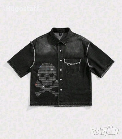 Нова мъжка черна дънкова риза яке Skull череп овърсайз Хл/2Хл