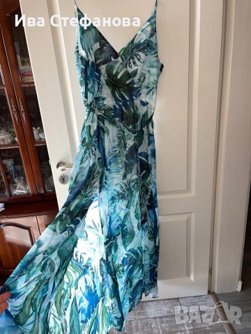 Разкошна с цепка дълга ефирна елегантна рокля екзотичен тропически тропик принт V образно деколте , снимка 4 - Рокли - 41687720