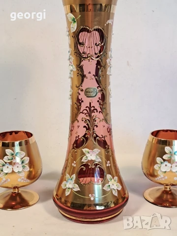 ваза с две чаши розово стъкло с позлата Bohemia , снимка 6 - Антикварни и старинни предмети - 50946044