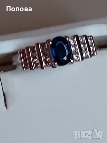 18 к. злато с диаманти и сапфир /златен пръстен бяло злато, снимка 2 - Пръстени - 53673542